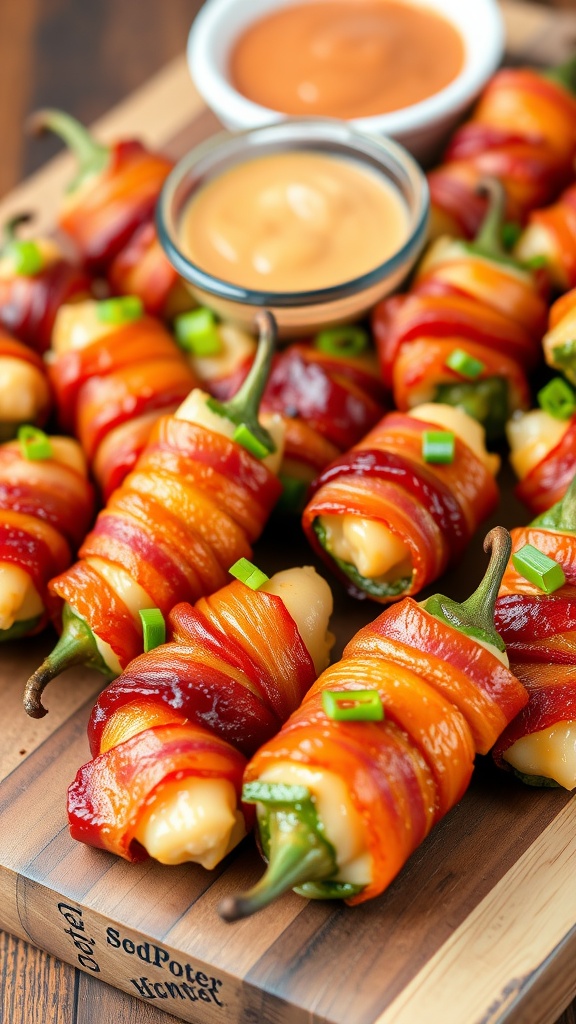 A close-up of spicy bacon-wrapped jalapeño poppers on a wooden platter with a bowl of dipping sauce.